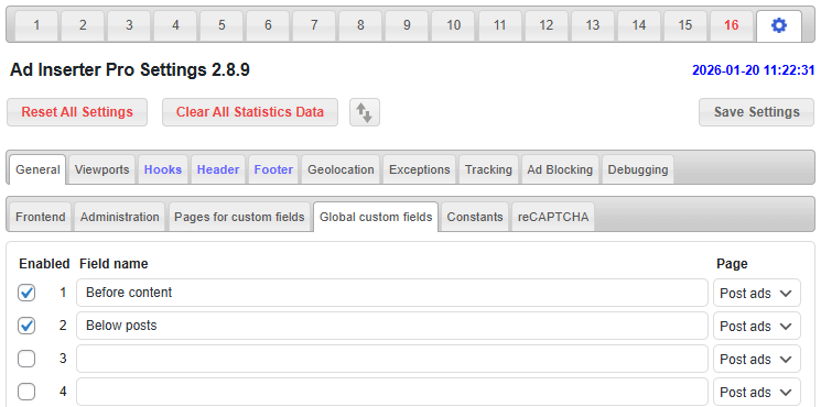ad inserter global custom fields