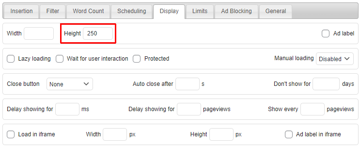 ad inserter display height