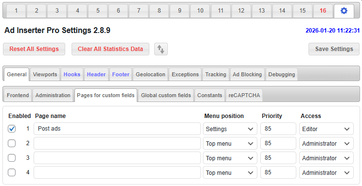 ad inserter pages for custom fields